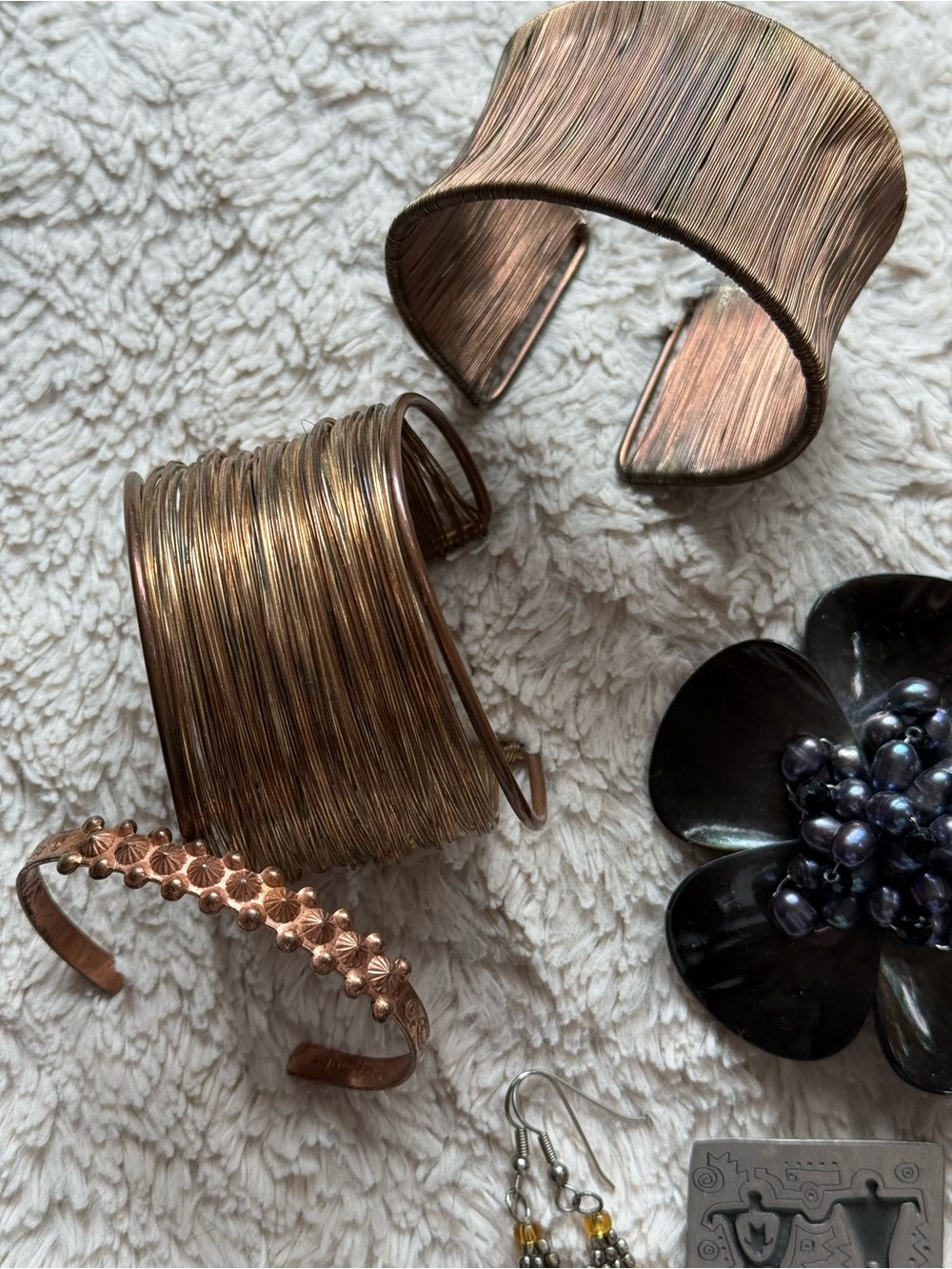 Vintage jewelry bundle, 4 bracelets, 2 pins, 3pr earrings, 2 belt buckles. - Picture 6 of 16